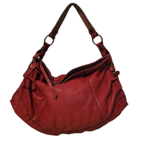 Lucky Brand XL Red Italian Leather Hobo Bohemian Shoulder Bag Purse Hippie - Picture 1 of 16